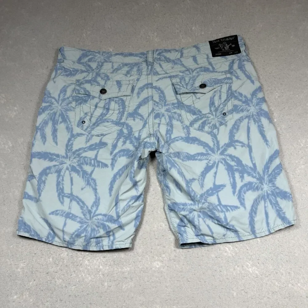 TRUE RELIGION Ricky Board Shorts 12” Swim Trunks Men’s 42 Palm Trees Relaxed Fit